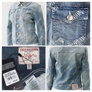 NEW True Religion M All Over Logo Light Bliss Wash Relaxed Trucker Jacket $179